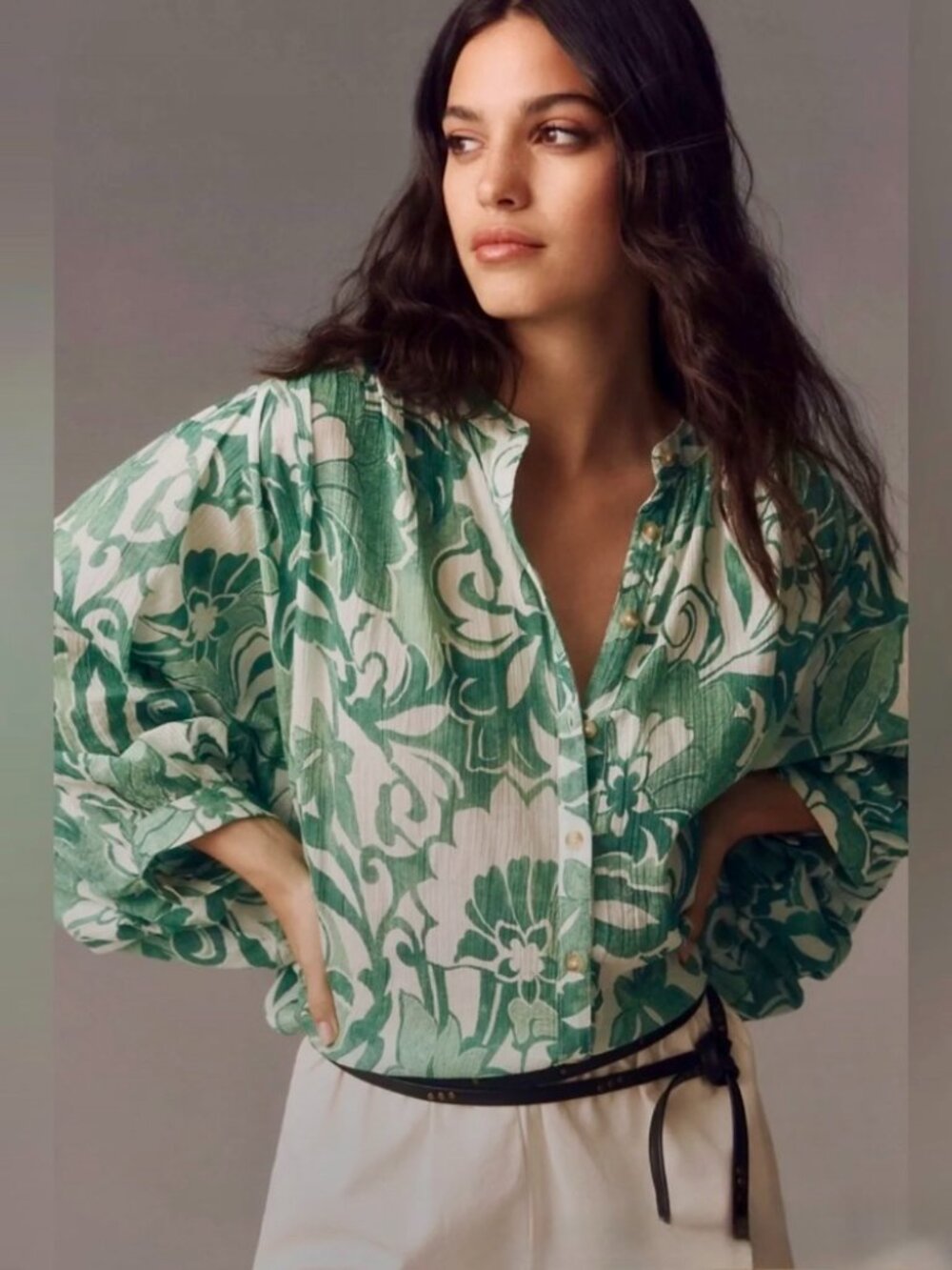 Green and White Floral Batwing Blouse by Pilcro/Anthropologie, sz xsm
